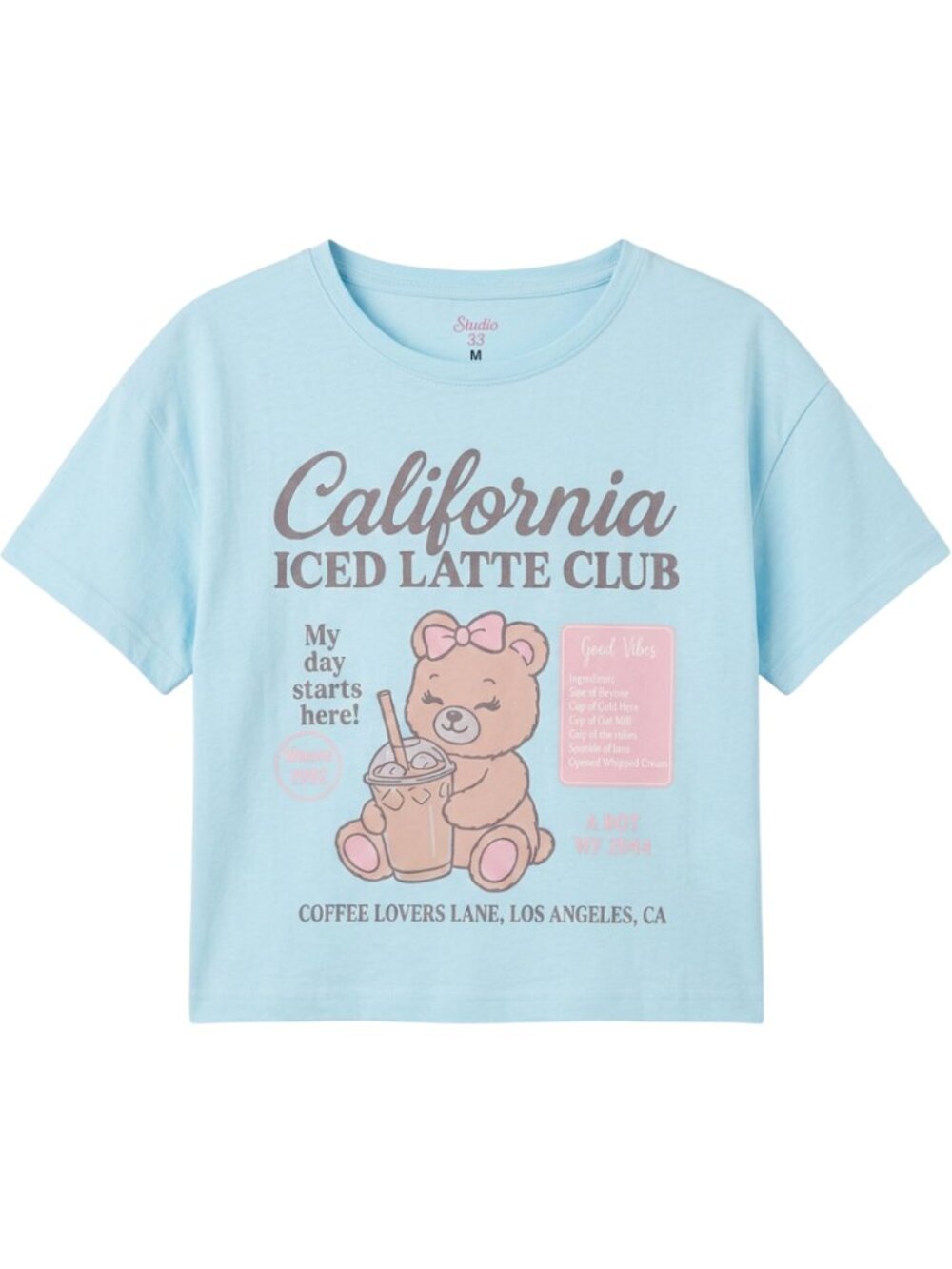 Studio 33 Women’s California Iced Latte Teddy Bear Crop Top Tee Blue S-XL